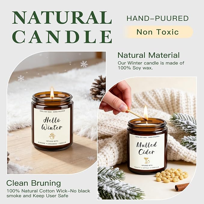 4 Pack Winter Candles - 28oz Soy Candle Set, Winter Scented Candles with Apple Cinnamon, Fir Balsam, Mulled Cider, Sandalwood – Holiday Candle Gifts for Women,New Years Home Decor & Valentines Day