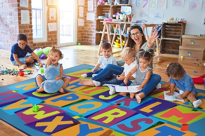 Booooom Jackson Kids Rug ABC Educational Rugs, 4'11x6'67'' Non-Slip Alphabet Carpet Preshool Rug for Kidsroom, Playroom, Daycare, School, Classroom Blue