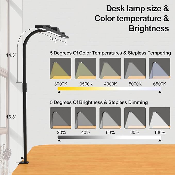 3 Light Bar Gooseneck Architect Desk Lamp with Clamp, 24W Bright Led Tall Overhead Desk Light for Home Office,Eye Care Reading Table Light for Desktop Working,Drafting,Reading
