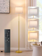 60" Modern Floor Lamp for Living Room, Standing Lamp with White Linen Lampshade, Remote and Foot Switch, Tall Lamp with A19 9W 3000K-6000K Color Temperature 10%-100% Brightness Dimmable Bulb, Gold