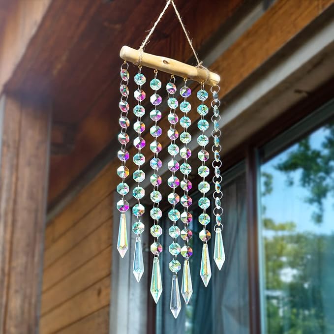 13inch Hanging Crystal Prism Suncatcher Ornament for Christmas Tree Crystal Wind Chimes Colorful Glass Beads Chain Pendant Decorative Mobiles