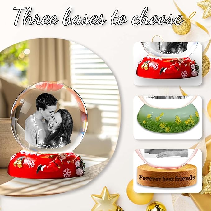 Personalized Christmas Crystal Ball with Light Customized Photo Snow Globe with Engraving Text Custom Ornaments Gifts for Family Couples Friends (Christmas Base)