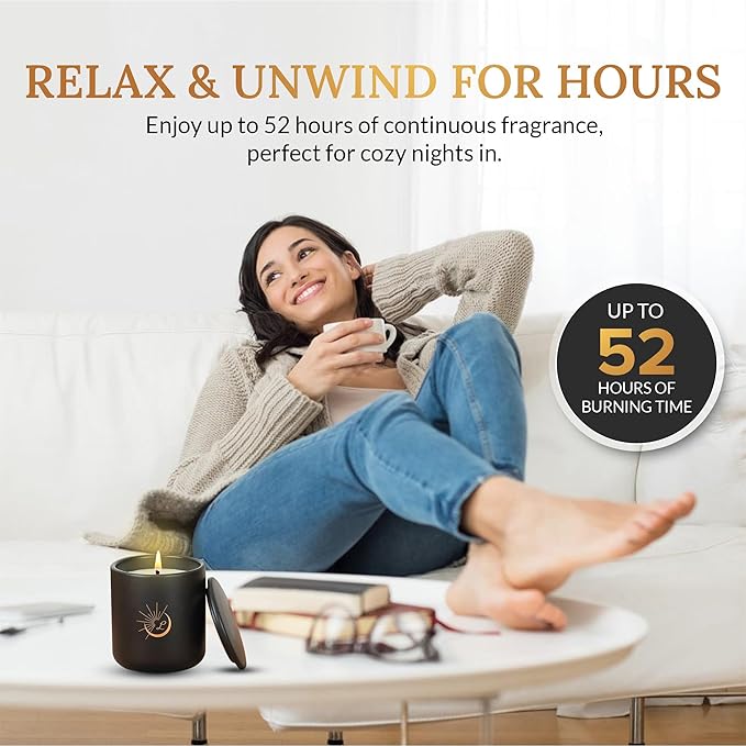 Sandalwood Soy Wax Candle 8.8oz — Matte Black Ceramic Jar, Cotton Wick — Long-Lasting 52-Hour Clean Burn — Aromatherapy Gift Candle for Men and Women, Bedroom and Living Room