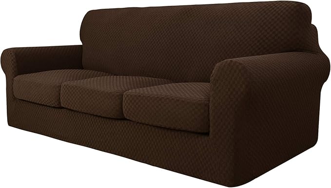 YEMYHOM Latest Checkered 4 Pieces Couch Covers for 3 Cushion Couch Extra Large High Stretch Thickened Sofa Cover for Dogs Pets Furniture Protector Sofa Slipcovers (Dark Coffee), 91"-110"(3 Cushions)
