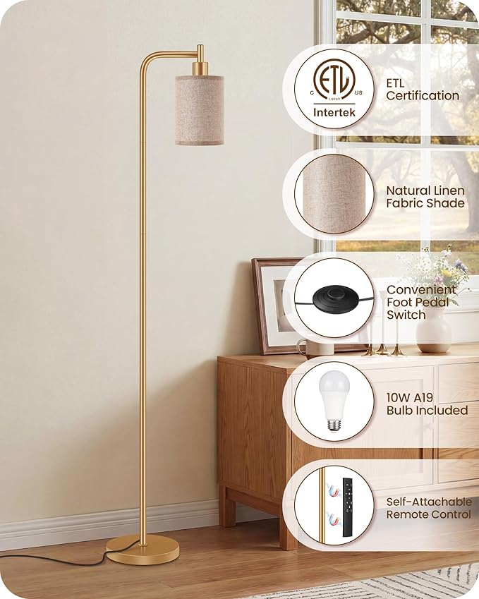 Dimmable Floor Lamp for Living Room with Remote and Foot Switch, Modern Standing, Corner Lamp,10W Bulb 3 Color Temperatures, for Bedroom, Office, Corner, ETL Listed, Gold and Beige DE19LD05