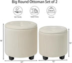 Big Round Ottoman with Storage Set of 2, Upholstered Velvet Vanity Stool for Makeup Multifunctional Foot Rest Coffee Table Padded Seat Tufted Ottomans for Living Room&Bedroom (Large White)