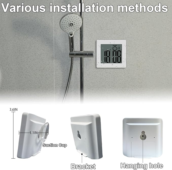 Digital Shower Clock, Large LCD Display Waterproof Timer for Shower, Suction Cups for Home (White) - Only Military time and ℃ Display