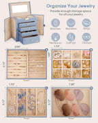 Homde Synthetic Leather Huge Jewelry Box Mirrored Watch Organizer Necklace Ring Earring Storage Lockable Gift Case (Grey Blue + Gold)