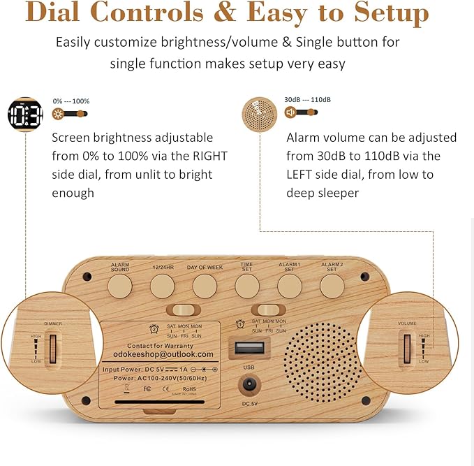 Digital Dual Alarm Clock for Bedroom, 0-100% Dimmer, Weekday/Weekend Mode, Easy to Set, USB Charger, Adjustable Alarm Volume with 5 Alarm Sounds, Snooze, 12/24Hr, Battery Backup (Wood Grain)