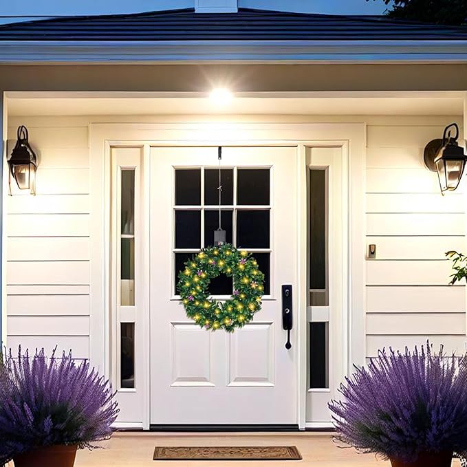 Solar Spring Wreath for Front Door Pre-lit 16inch 30LED Wreaths Spring Summer Decor for Outside Aftificial Purple Flower Wreaths Home Decorations Wreath for Door Festival Decor