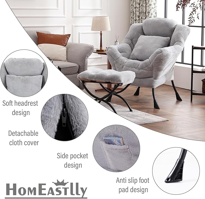 Lazy Chair with Ottoman, Large White Gray Lounge Accent Chair with Ottoman and FA Throw Pillow, Comfy Plush Reading Chair for Living Room Bedroom Dorm Room Office Apartment Relaxing Use