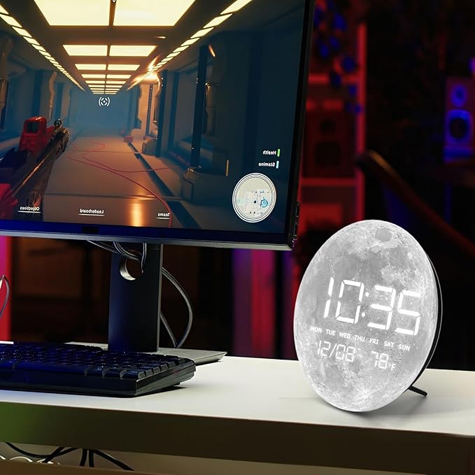 Digital Wall Clock, LED Moon/Earth Design, Temperature Display, 7.87 x 7.87 inches (Moon, 7.87 INCH)