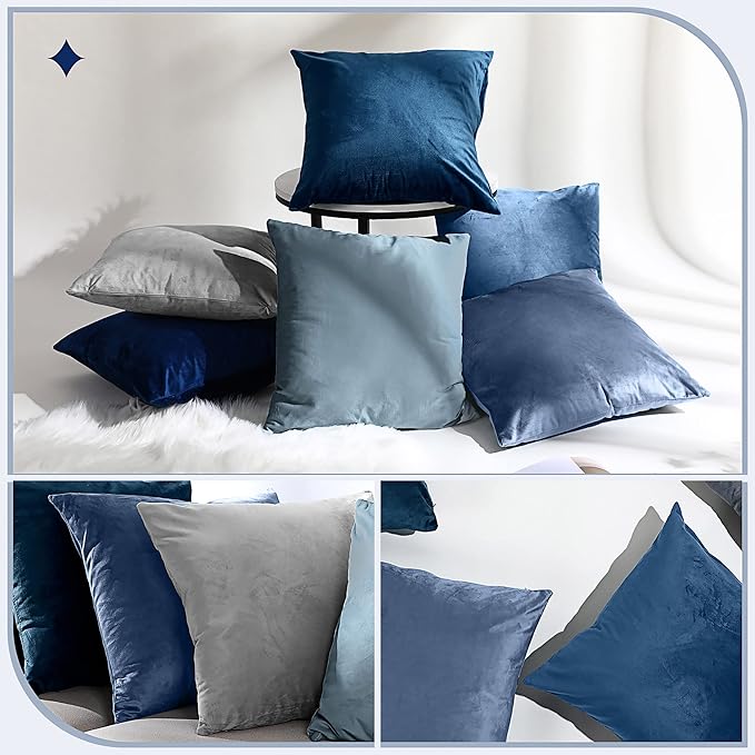 Pack of 6 Decorative Velvet Throw Pillow Covers Solid Square Soft Pillowcase Set Cushion Cases for Sofa Couch Bed Car Christmas Fall Home Decor 18 x 18 inch(Blue Color Scheme)