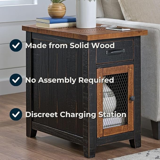 Martin Svensson Home Solid Wood Black and Honey Rustic Chairside End Table with Power and Storage