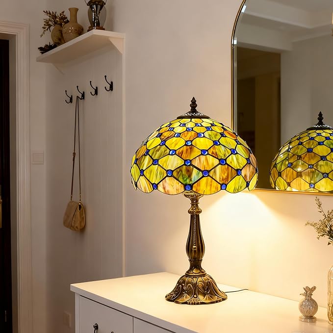 Tiffany Lamp Gradient Green Stained Glass Table Lamp Desk Bedside Reading Light Decor Bedroom Living Room Home Office D12*H18 Inches