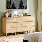 9 Drawer Dresser,63" Wide Mid Century Modern Chest of Drawers,Wooden Bedroom Drawer Dresser with 9 Storage Drawers for Bedroom, Living Room,with Anti-Tipping Device,Natural