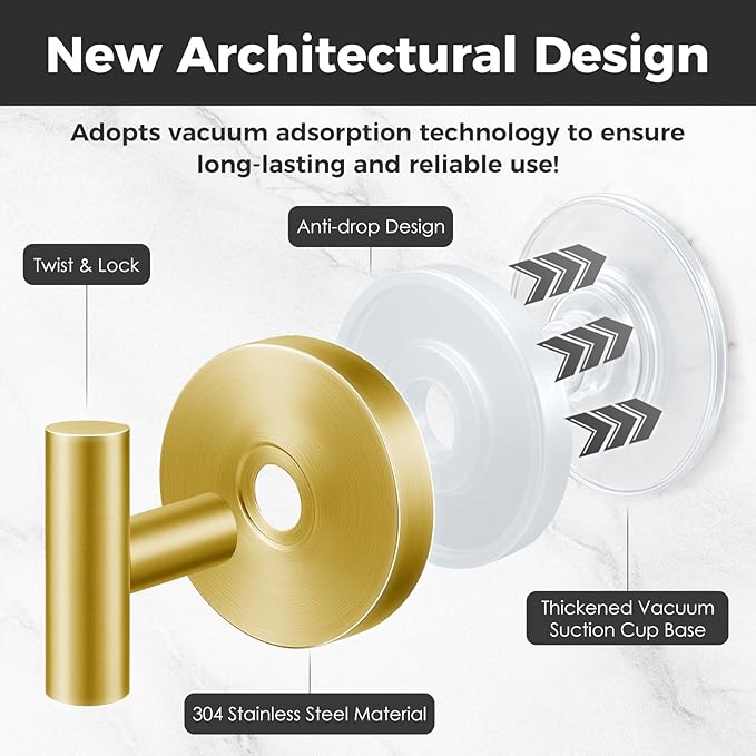 Shower Hooks for Inside Shower,No-Drill Removable&Reusable Towel Hooks for Bathroom,Heavy Duty Suction Cup Hooks for Glass Window,4 Packs(Gold)