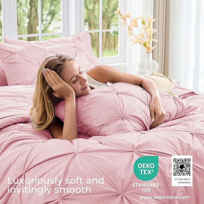 Sasttie Twin XL Comforter Set, 5-Piece Bed in a Bag, Pintuck Bedding Set for All Season, Includes Comforter, Flat Sheet, Fitted Sheet, Pillowcase and Pillowsham, Baby Pink
