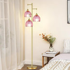 Gold Floor Lamp for Living Room Bedroom,3 Lights Vintage Tree Floor Lamps with Pink Glass Flower Shade,Mid Century Modern Floor Lamp for Corner Office,68IN Unique Tall Standing Lamp with Bulb