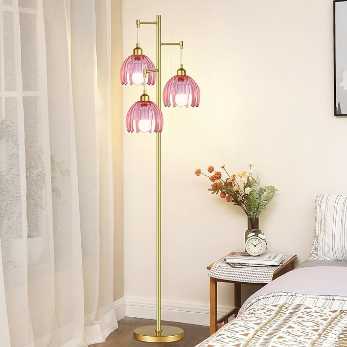 Gold Floor Lamp for Living Room Bedroom,3 Lights Vintage Tree Floor Lamps with Pink Glass Flower Shade,Mid Century Modern Floor Lamp for Corner Office,68IN Unique Tall Standing Lamp with Bulb