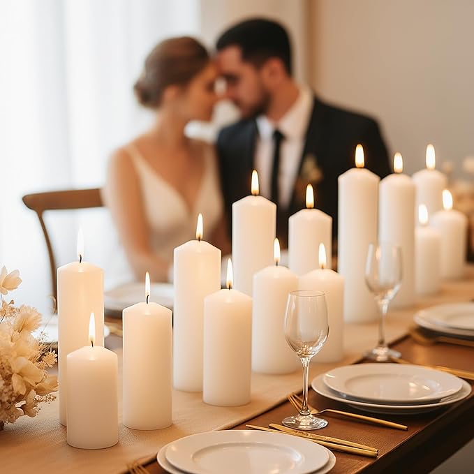 18 Pcs White Pillar Candles Bulk Set，3 Different Lengths 2 x 3/4/6 Inch (6 Each)，Hurricane Candles，Dripless Unscented Smokeless，Gives You a Better Atmosphere When Organizing an Event Party.