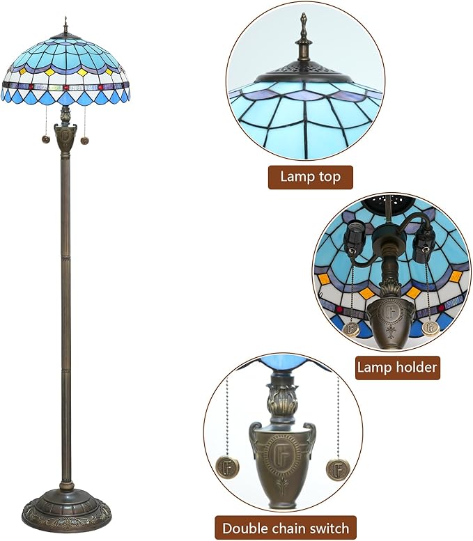 Tiffany Floor Lamp Blue Mediterranean Style Stained Glass Floor Light Bright Lighting Rustic Standing Lamp Vintage Unique Bronze Reading Corner Lamp for Home Decor Living Room Bedroom 16X16X64 Inches