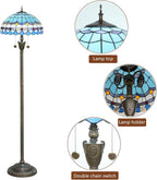 Tiffany Floor Lamp Blue Mediterranean Style Stained Glass Floor Light Bright Lighting Rustic Standing Lamp Vintage Unique Bronze Reading Corner Lamp for Home Decor Living Room Bedroom 16X16X64 Inches