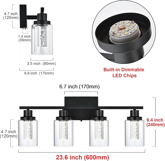 MELUCEE 4-Light LED Bathroom Lighting Fixtures Over Mirror, Dimmable LED Vanity Light for Bathroom 3000K-6000K Black Bath Wall Lights with Crystal Bubble Clear Glass Shade, Built-in LED Chips