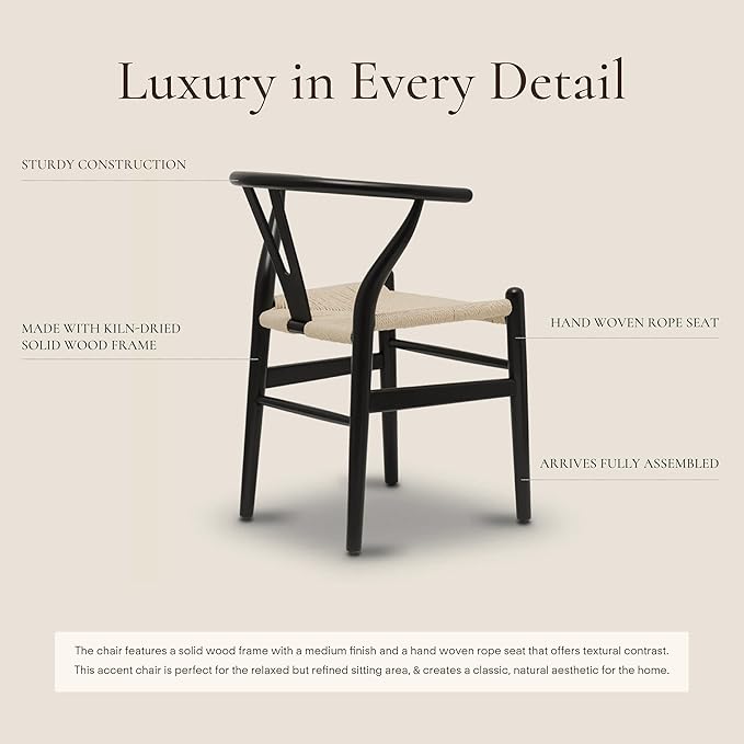 Poly & BARK Weave Dining Chairs – Mid-Century Modern Wishbone Dining Chairs with Arms, Solid Wood Frame, Indoor Use – Black – Set of 2 - Ideal for Dining Room, Kitchen or Stylish Accent Setting