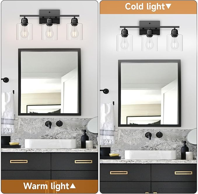 Modern 3 Light Bathroom Light Fixtures, 19 inch Black Vanity Lights For Bathroom With Clear Glass, Bathroom Lighting Fixtures Over Mirror For Mirror Kitchen Living Room Hallway Cabinet Porch