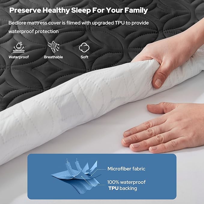BEDLORE Waterproof Mattress Protector, Twin Size Mattress Pad with Deep Pocket 6"-15" Depth, Soft Breathable Dirt-Proof Single Bed Mattress Cover for Bedroom, Dorm Room (Black)