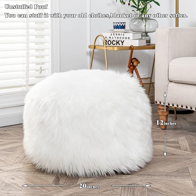 Fur Pouf Ottoman Unstuffed Floor Pouf White Ottoman Foot Rest NO Filler 20x20x12 Inches Round Poof Seat Floor Bean Bag Chair Foldable Floor Chair Storage for Living Room Bedroom White Cover ONLY