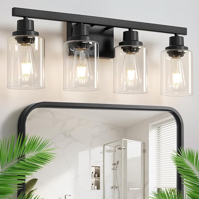 4-Light Bathroom Vanity Light, Modern Matte Black Wall Sconce Lighting with Clear Glass Shade, Bathroom Lighting Fixtures Over Mirror,Vintage Wall Mounted Lamps for Mirror Bedroom,Living Room