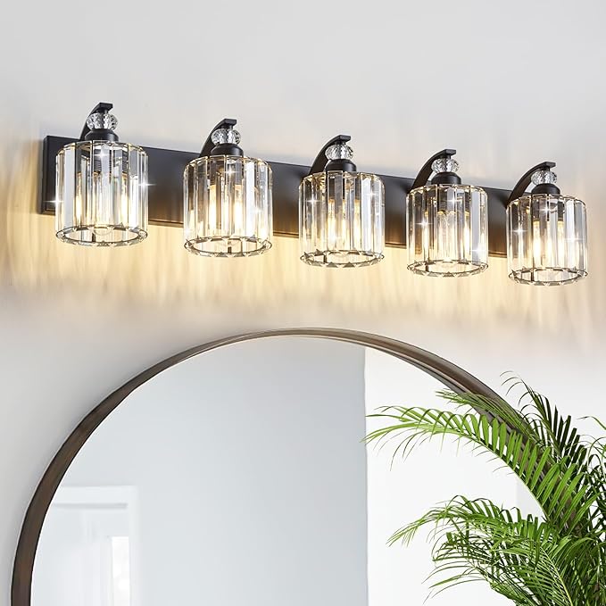 5-Light Black Bathroom Light Fixture Modern Vanity Lights Over Mirror Vintage Wall Sconce Lighting for Bathroom, Bedroom, Living Room, Hallway E26 Base with Crystal Bathroom Vanity Light