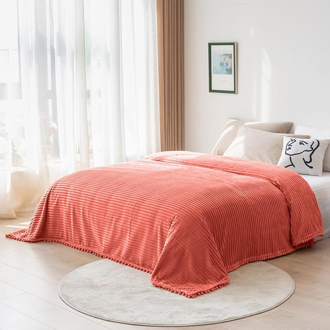 DISSA Fleece Blanket Queen Size – 90x90, Coral - Soft, Plush, Fluffy, Fuzzy, Warm, Cozy – Perfect Throw for Couch, Bed, Sofa - with Pompom Fringe - Flannel Blanket