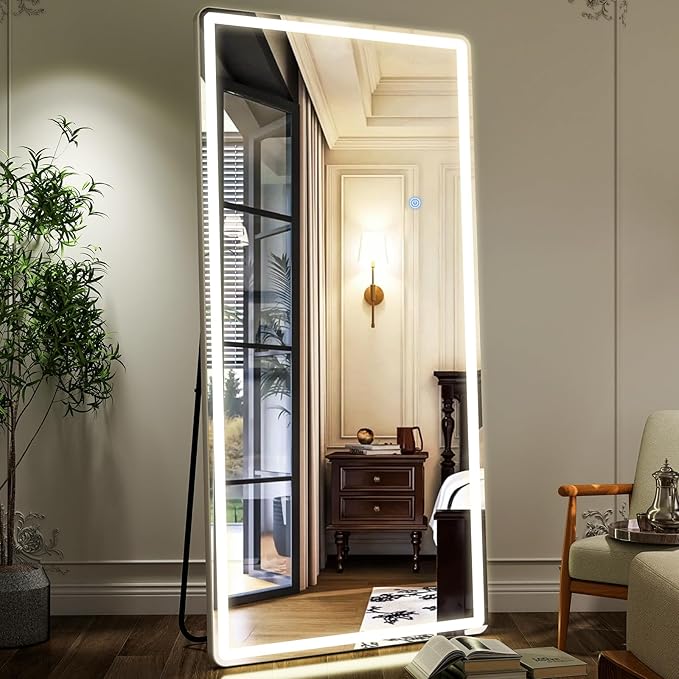 GLSLAND Full Length Mirror with Lights, 71"x30" Dimmable Floor Mirror – 3-Color Lighting, Standing or Wall-Mounted LED Body Mirror for Bedroom & Cloakroom