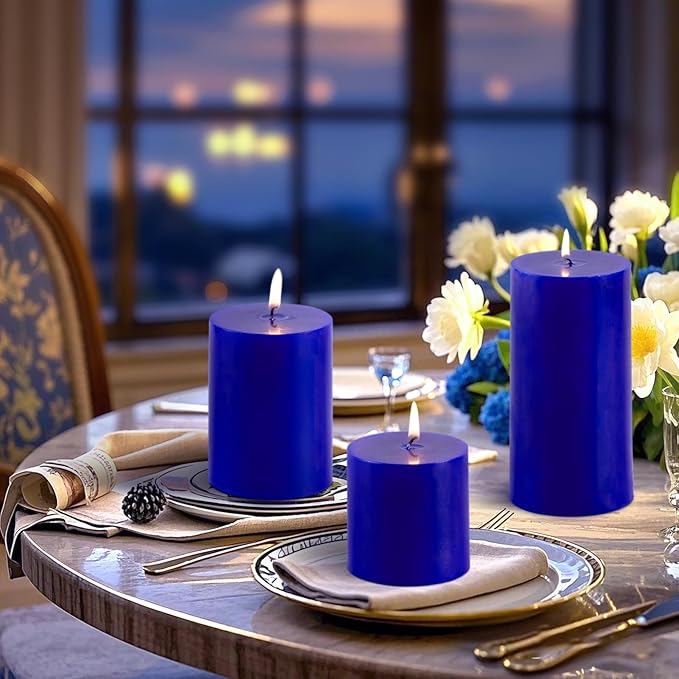 KONNI Classic Blue Pillar Candles Set of 3, 3"x 4" Unscented Pillar Candles Bulk, 42 Hours Long Burning Candles, Smokeless&Dripless Large Round Candle for Wedding, Home Decoration, Parties, Spas