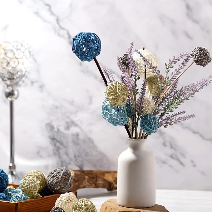 Patelai 72 Pcs Wicker Rattan Balls Decorative Balls for Vase Centerpiece Bowls Orbs Filler for Spring Summer Craft Home Decor, 4 Sizes(Blue, Sky Blue, Gray, Beige, White)