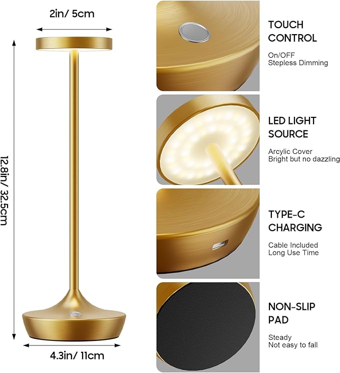 LED Cordless Table Lamp Rechargeable，Outdoor Battery Operated Desk Lamp Touch 3 Color Dimming Portable Waterproof Night Light for Patio/Restaurant/Dining/Home (Gold)