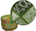 Aakriti Gallery Indian Pouf Footstool Ethnic Embroidered Pouf Cover - Cotton Round Pouffe Ottoman - Green, 22x14