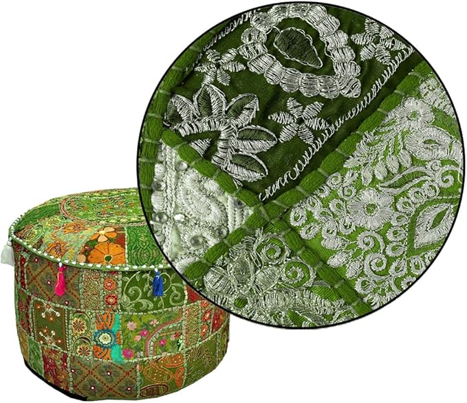 Aakriti Gallery Indian Pouf Footstool Ethnic Embroidered Pouf Cover - Cotton Round Pouffe Ottoman - Green, 22x14