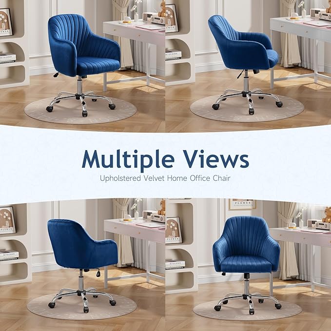 Warmiehomy Desk Chair, Velvet Office Chair for Home Office, Comfy Vanity Chair, Girl Cute Makeup Chair with Arm Rest for Bedroom Dressing Room, Dark Blue