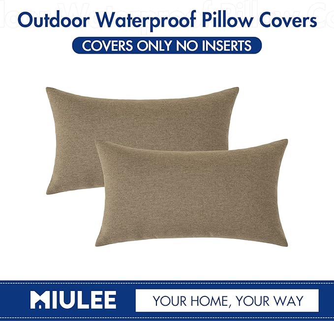 MIULEE Pack of 2 Decorative Outdoor Solid Waterproof Throw Pillow Covers Faux Linen Garden Farmhouse Cushion Cases for Patio Tent Balcony Couch Sofa 20x12 Inch Khaki