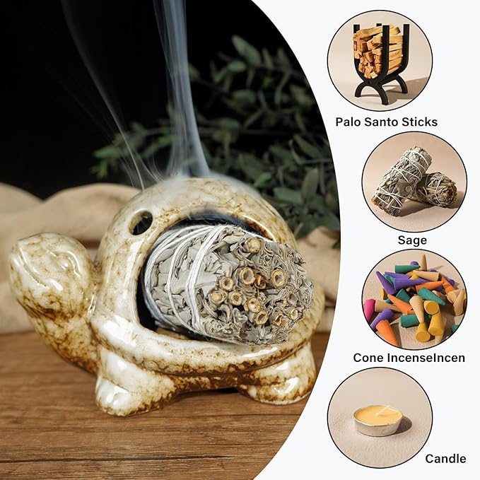 Handcrafted Brown Ceramic Turtle Mini Chiminea Palo Santo Burner Holder ，for Burning Sage、Cone Incense、Copal&Small Candle，Thoughtful Gifts for Meditation, Yoga, Aromatherapy Altar、Zen Spaces