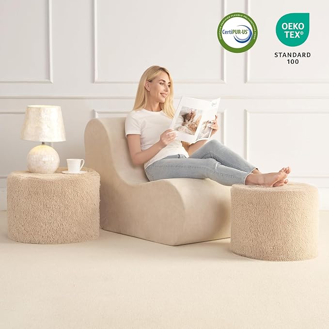 Hansleep Round Pouf Ottoman Foot Rest, 20 x 15 Small Faux Fur Stuffed Pouf for Chair, Foam Filled Foot Stools Ottomans for Living Room, Brown