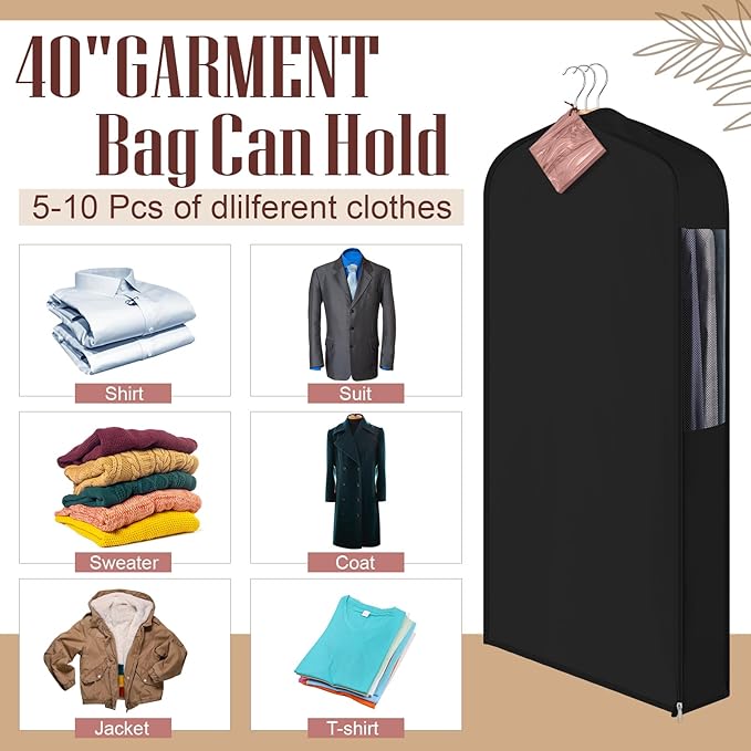 2 Set 40in Short Cotton Garment Bags, 6in Wide Gusset Hanging Storage Clothes with 8 Cedar Blocks, Transparent Mesh Window, Breathable Closet Bags for Fur Coat Suit Sweater Dress, Black