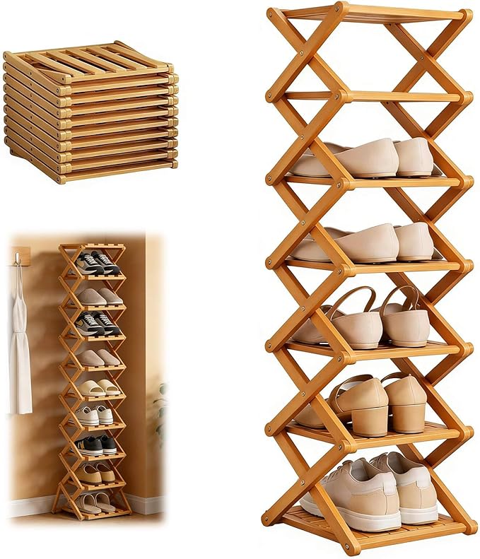 9 Tier Bamboo Shoe Rack, Heavy Duty Foldable Shelf Needing No Setup | Versatile Space-Saving & Sturdy Collapsible Bamboo Shoe Rack Organizer for Closet, Entryway, Over-Door, Dorm or Bedroom Use