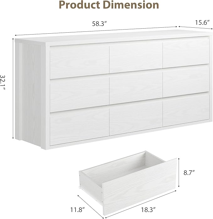GarveeHome 9 Drawer Dresser for Bedroom, Wide Modern Chest of Drawers, Large Wood Dresser Wooden Storage Organizer for Living Room, Hallway Entryway
