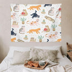 VUMIVI Cute Cat Tapestry Kids Hand-Painted Doodles Colorful Illustrations Potted Plants Paw Prints Tapestry Wall Hanging for Living Room Bedroom Dorm Classroom Aesthetic Decor W40xL30in