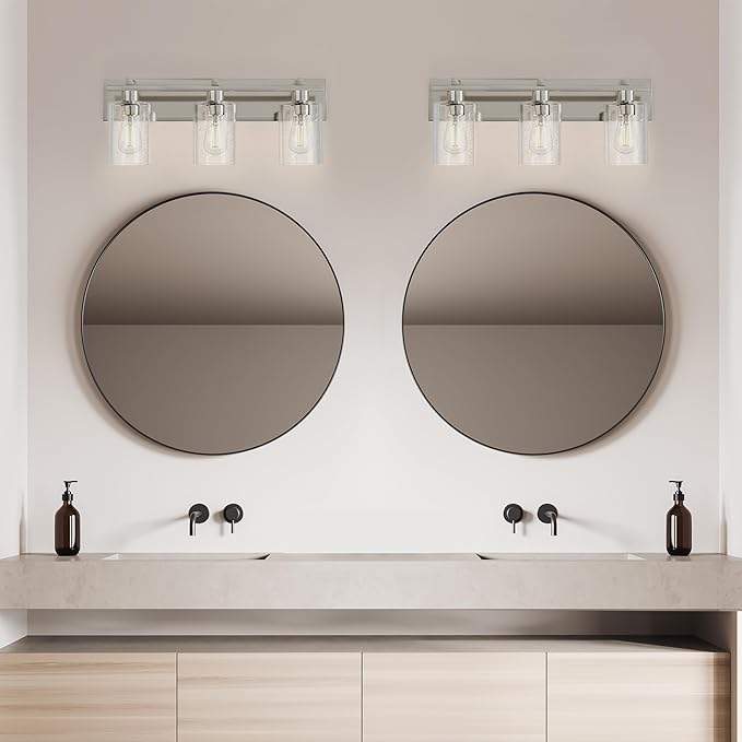 Espird Bathroom Vanity Light, 3 Light Brushed Nickel Bathroom Light Fixture with Thickened Seeded Glass Shade, 24 inch Modern Vanity Lights, Bathrooms Lights Fixture Over Mirror